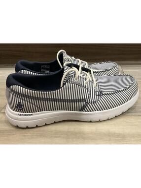 Skechers Air Comfort Goga Mat comfort Flex White & Blue Striped Shoes Women’s 10